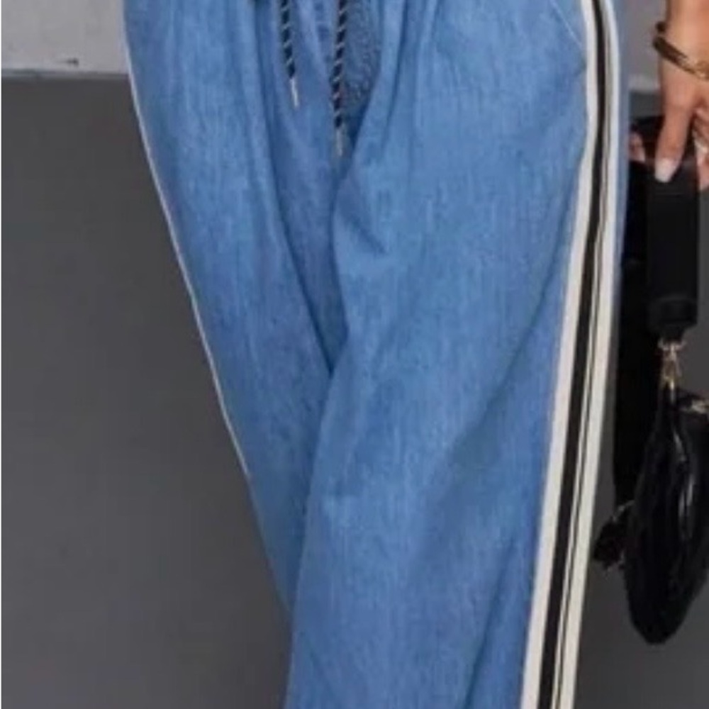 NWT FREE MARKET by Flying Tomato Wide Leg Drawstring Denim Pants w/Side Stripe L - Picture 2 of 3
